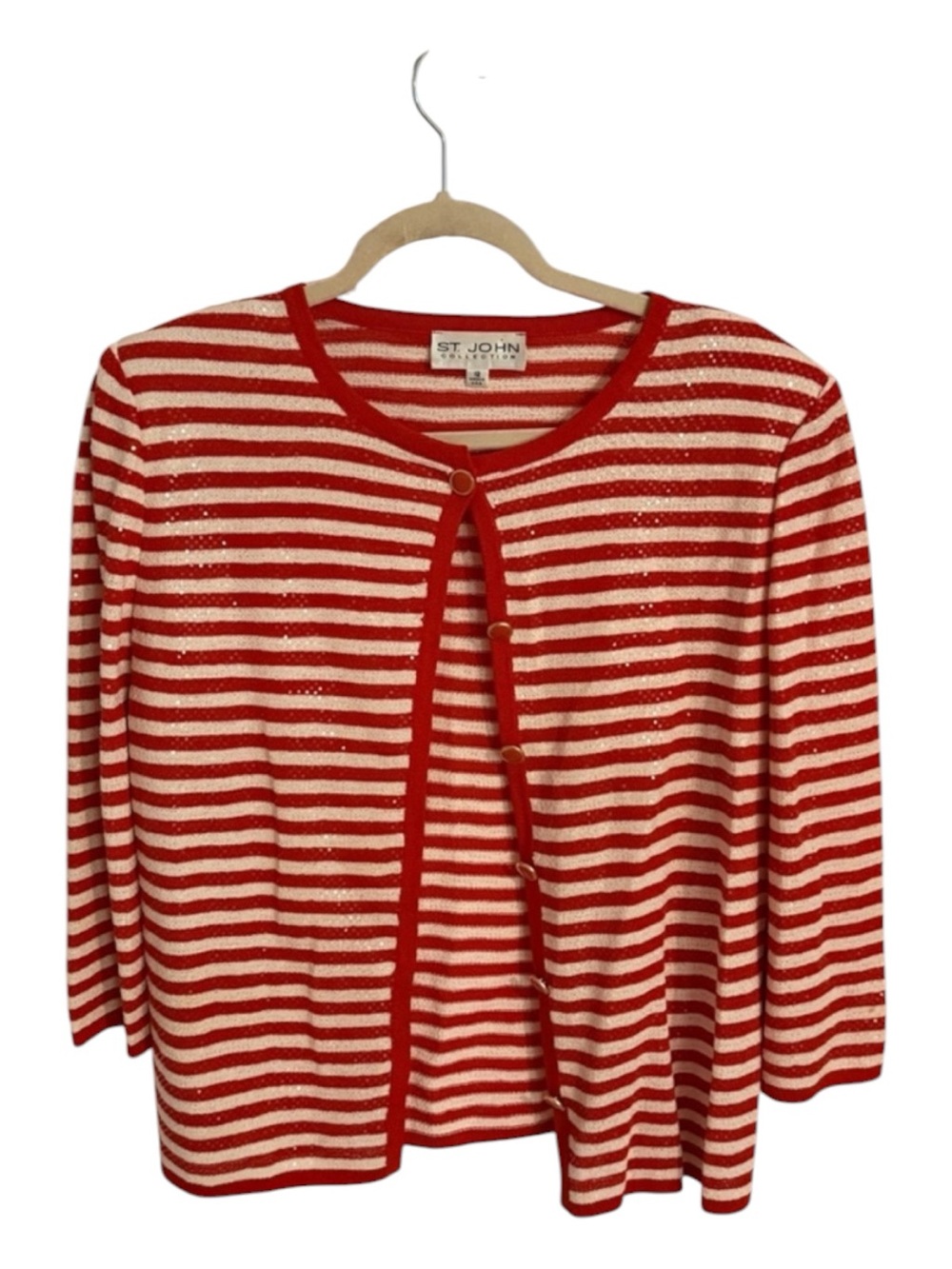 St. John Red and Cream Striped Knit Cardigan